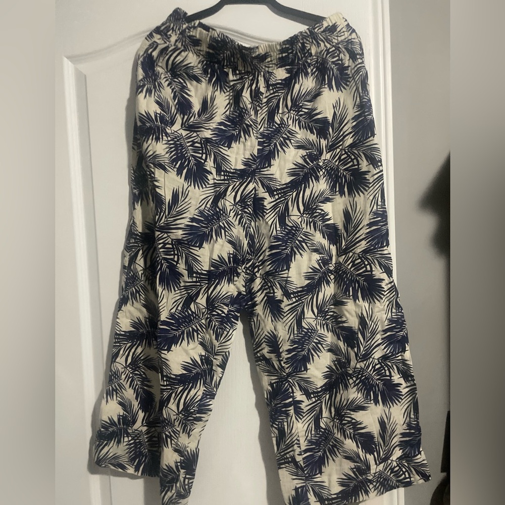 Navy and Cream Palm Print Pants Linen Pants - Picture 2 of 4